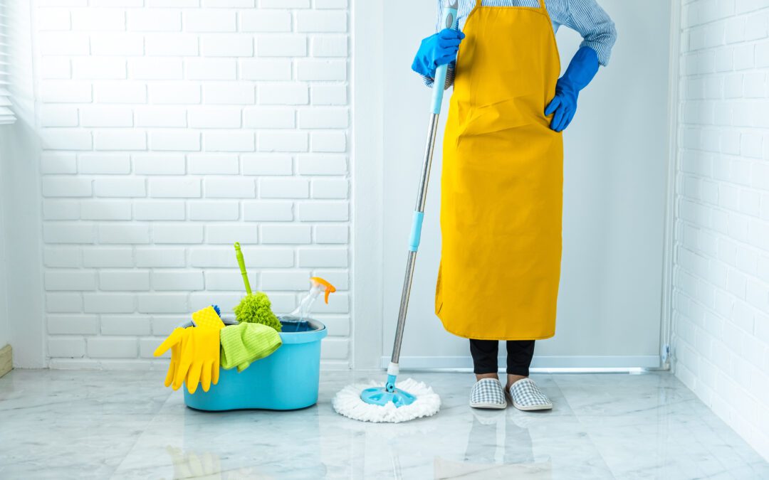 A janitor with all cleaning equipment and accessories.